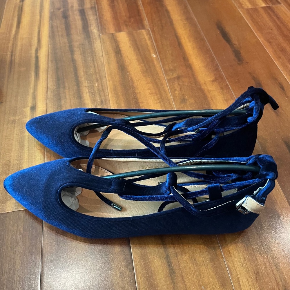 Navy Velvet Ballet Flat Lace Up Pointed Toe Strappy T Yoki Urban-80 New Size 7.5 - Picture 7 of 7
